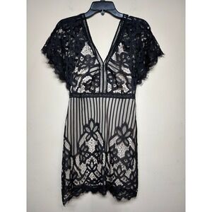 Boohoo Womens US 6 Black Lace V-Neck Mini Dress Sheer Overlay Party Dark Goth